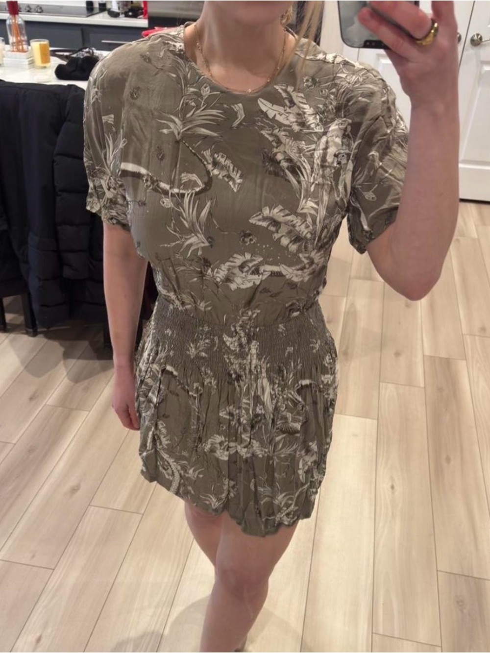 Anine Bing Olive Green Floral Smocked Mini Dress